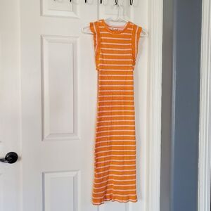 Zara Ribbed Bodycon Midi Dress Orange White Striped Ruffle Sleeveless Sze Small